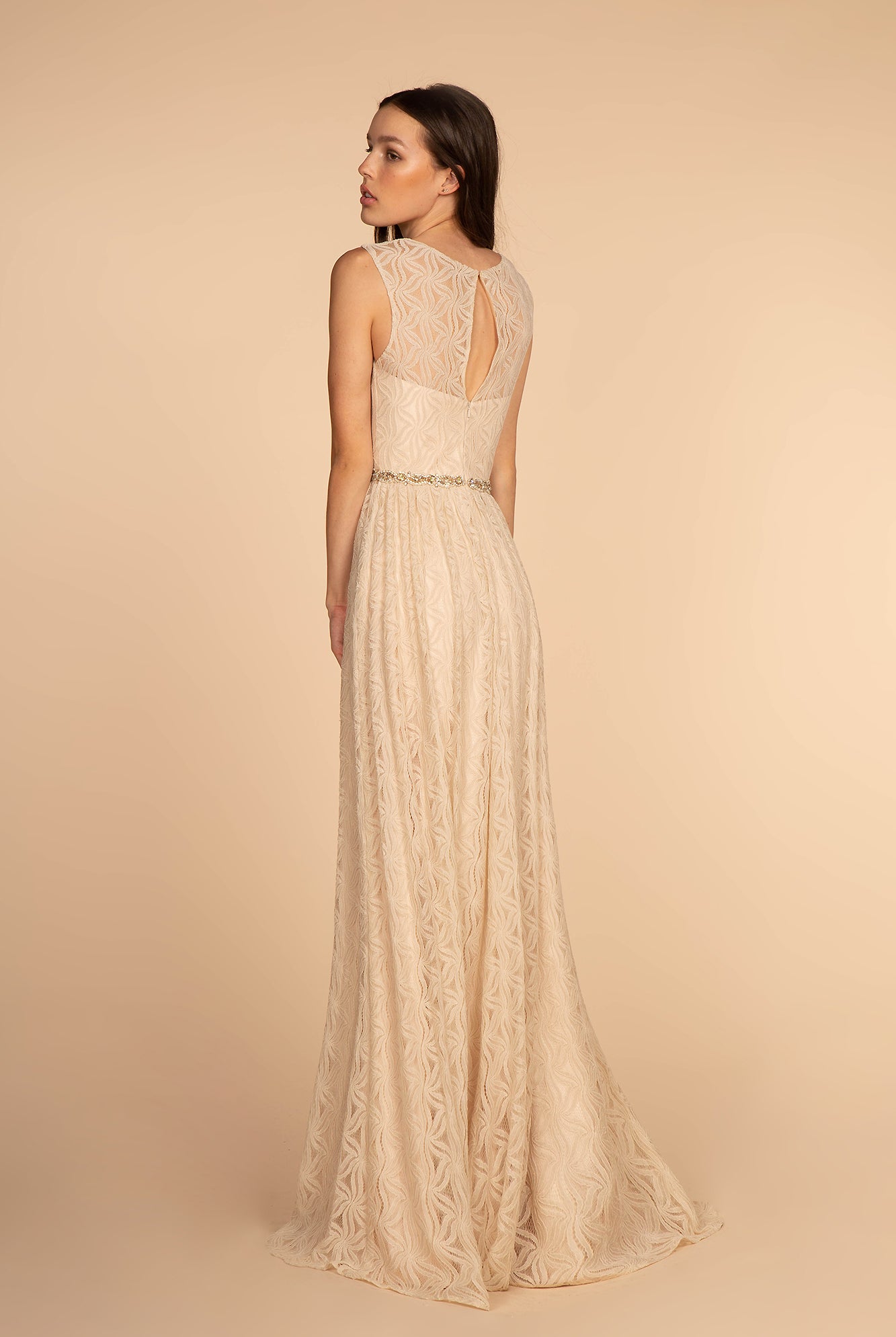 Jewel Embellished Waist Lace Long Dress GLGL2611-MOTHER OF BRIDE-smcfashion.com