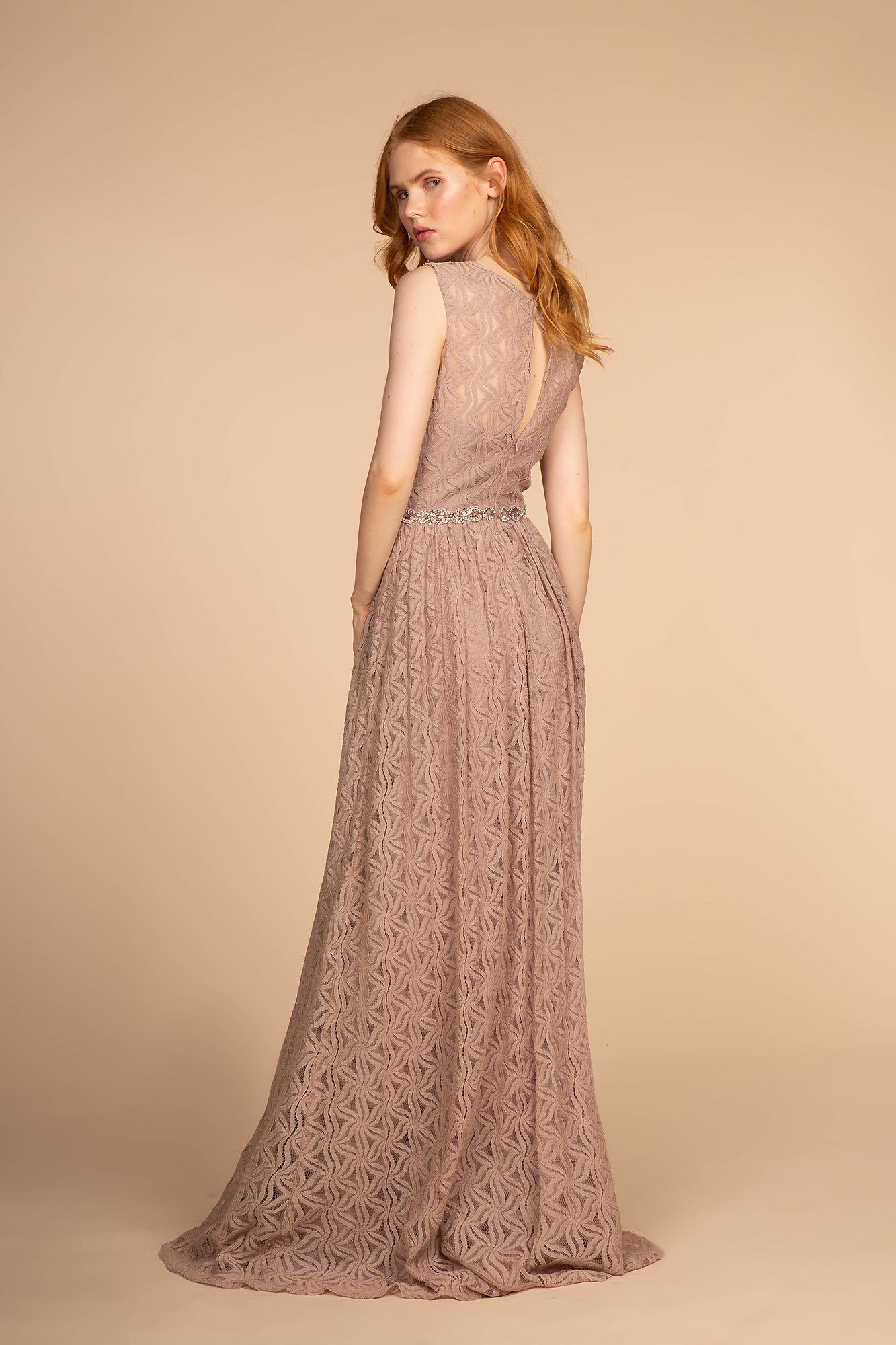 Jewel Embellished Waist Lace Long Dress GLGL2611-MOTHER OF BRIDE-smcfashion.com