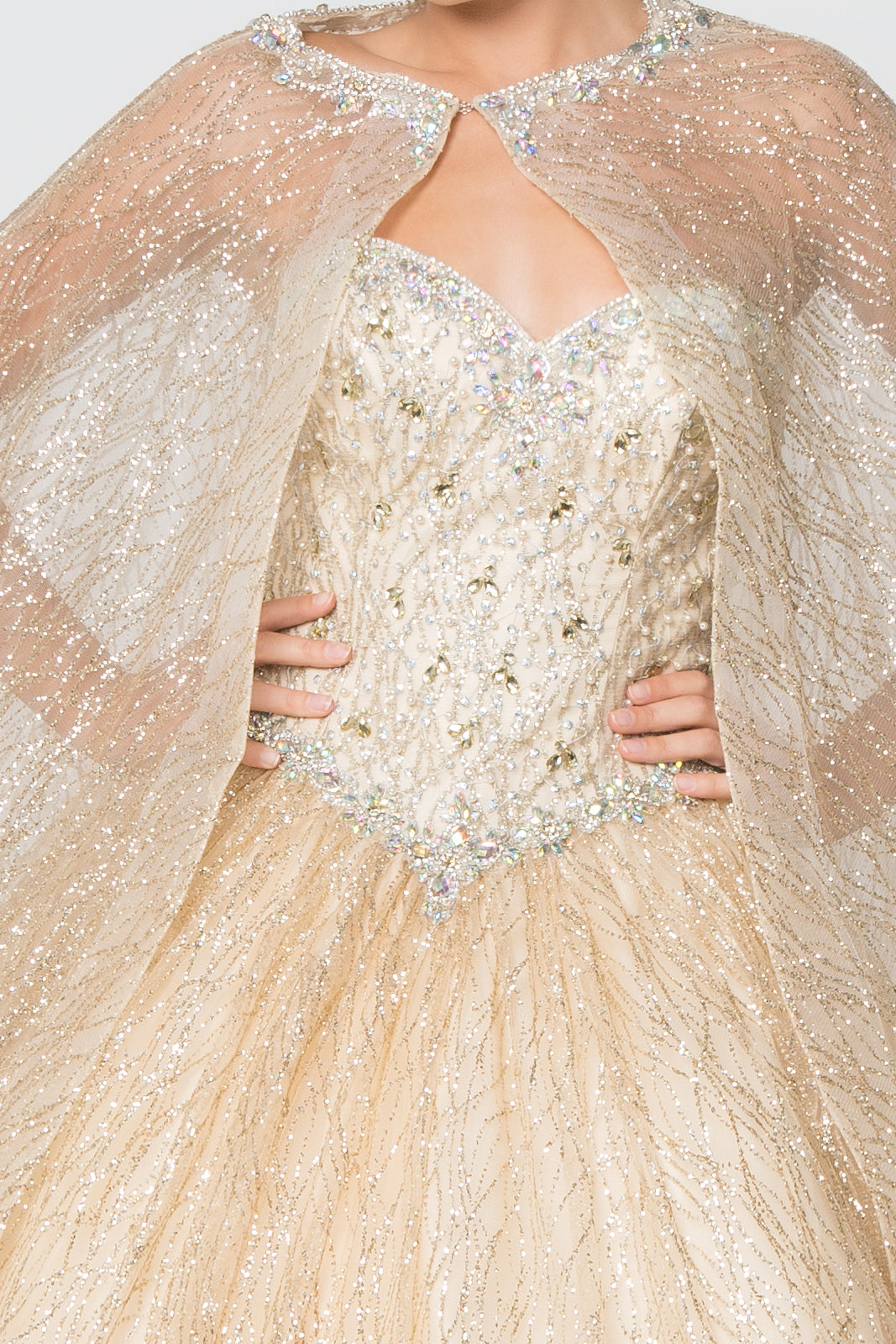 Jewel Embellished Bodice Glitter Mesh Ball Gown Glitter Mesh Cape GLGL2801-QUINCEANERA-smcfashion.com