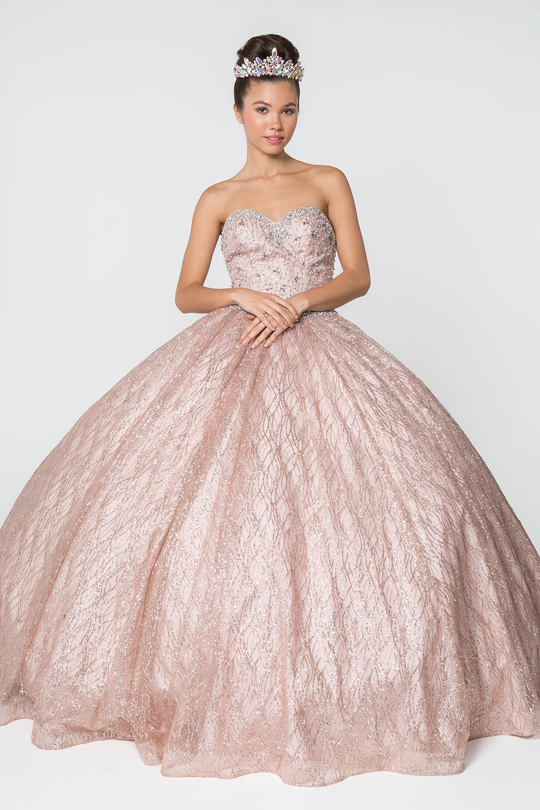 Jewel Embellished Bodice Glitter Mesh Ball Gown Glitter Mesh Cape GLGL2801-QUINCEANERA-smcfashion.com