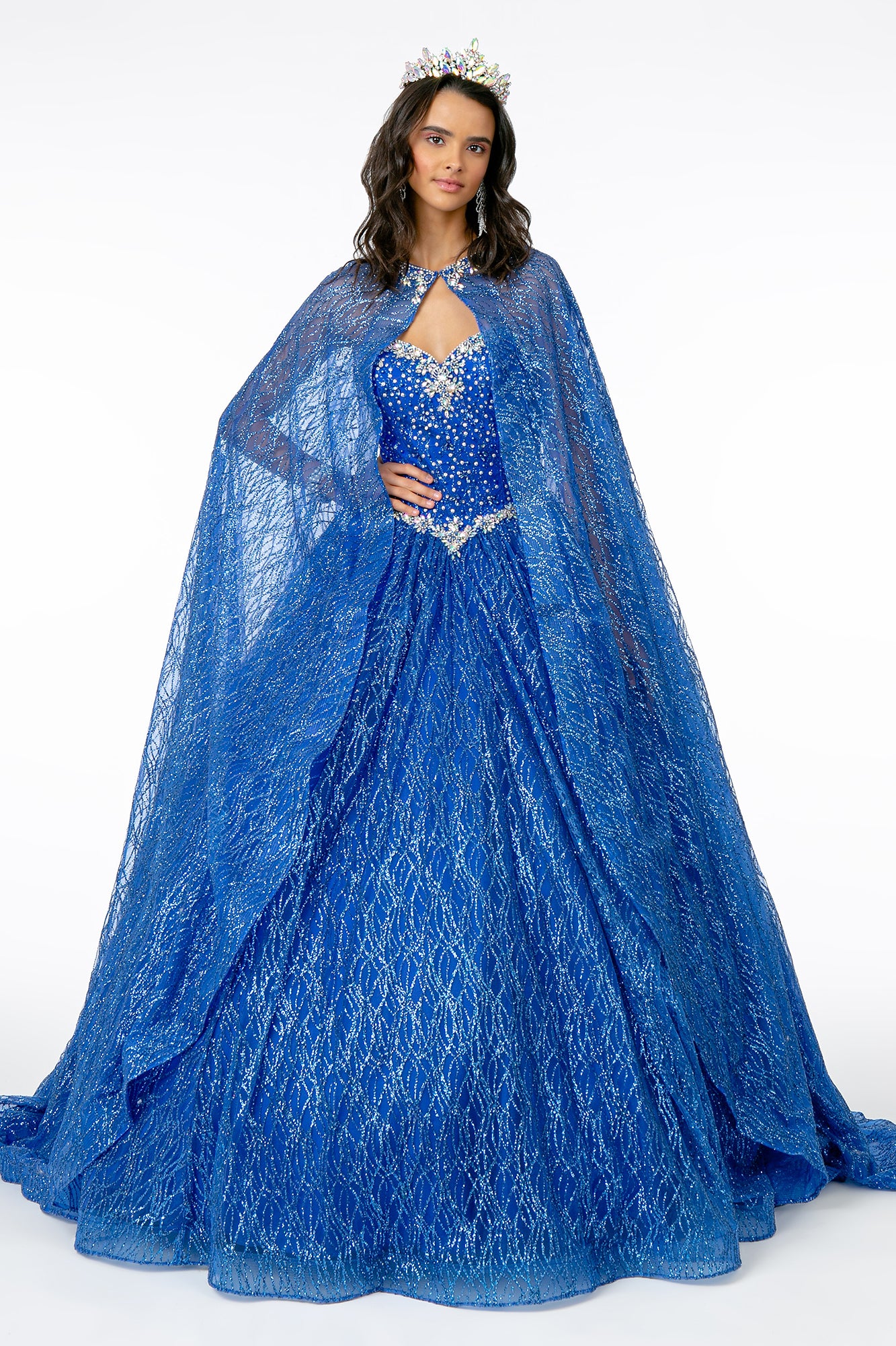 Jewel Embellished Bodice Glitter Mesh Ball Gown Glitter Mesh Cape GLGL2801-QUINCEANERA-smcfashion.com