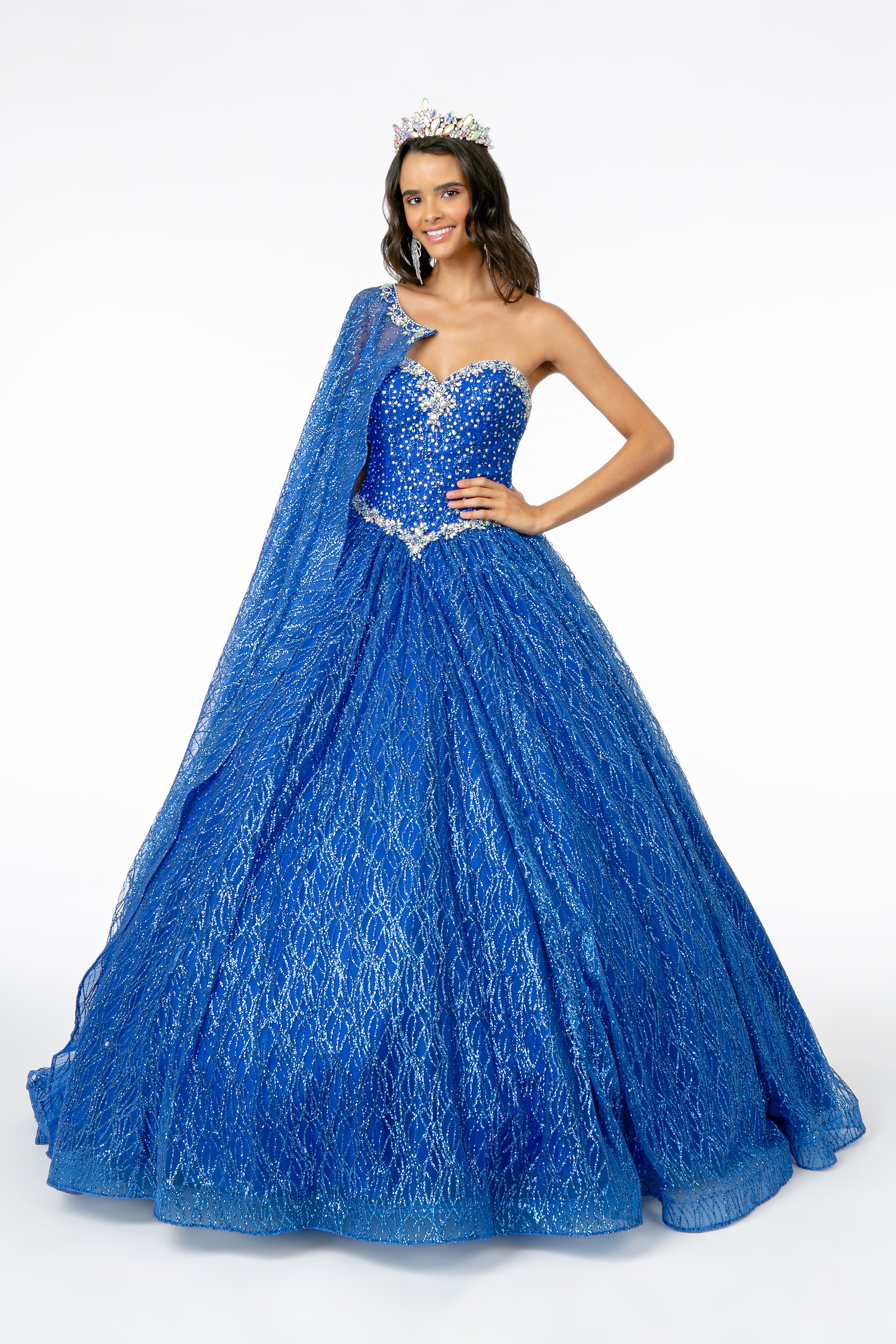 Jewel Embellished Bodice Glitter Mesh Ball Gown Glitter Mesh Cape GLGL2801-QUINCEANERA-smcfashion.com