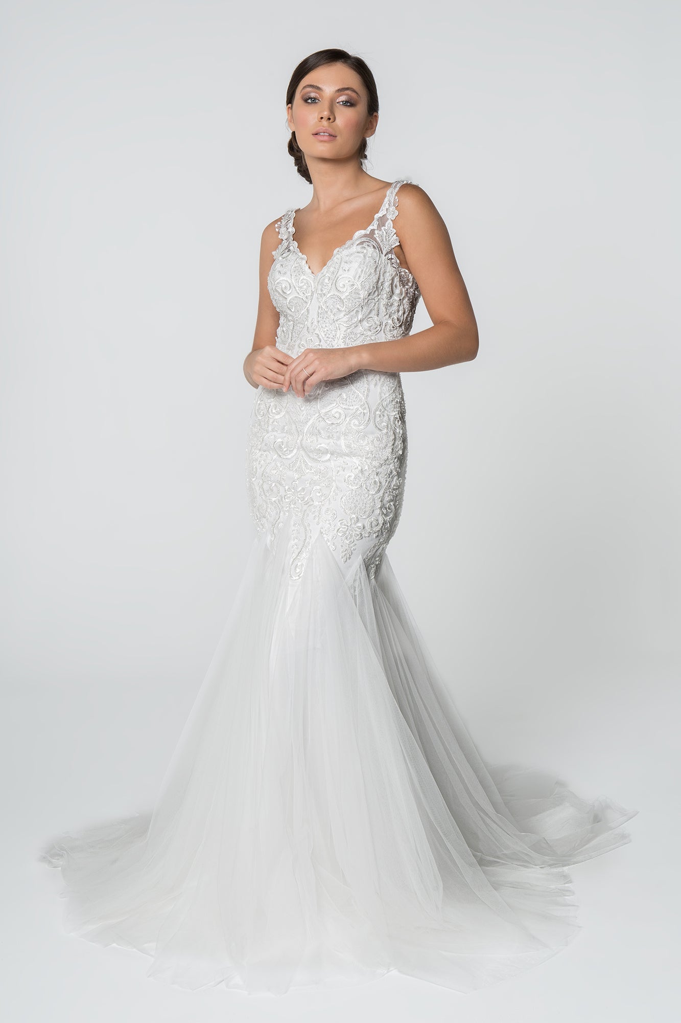 Embroidered Bodice V-Neck Mermaid w/ Mesh Tail Long Wedding Dress GLGL smcfashion.com Embroidered Bodice V-Neck Mermaid w/ Mesh Tail Long Wedding Dress GLGL smcfashion.com