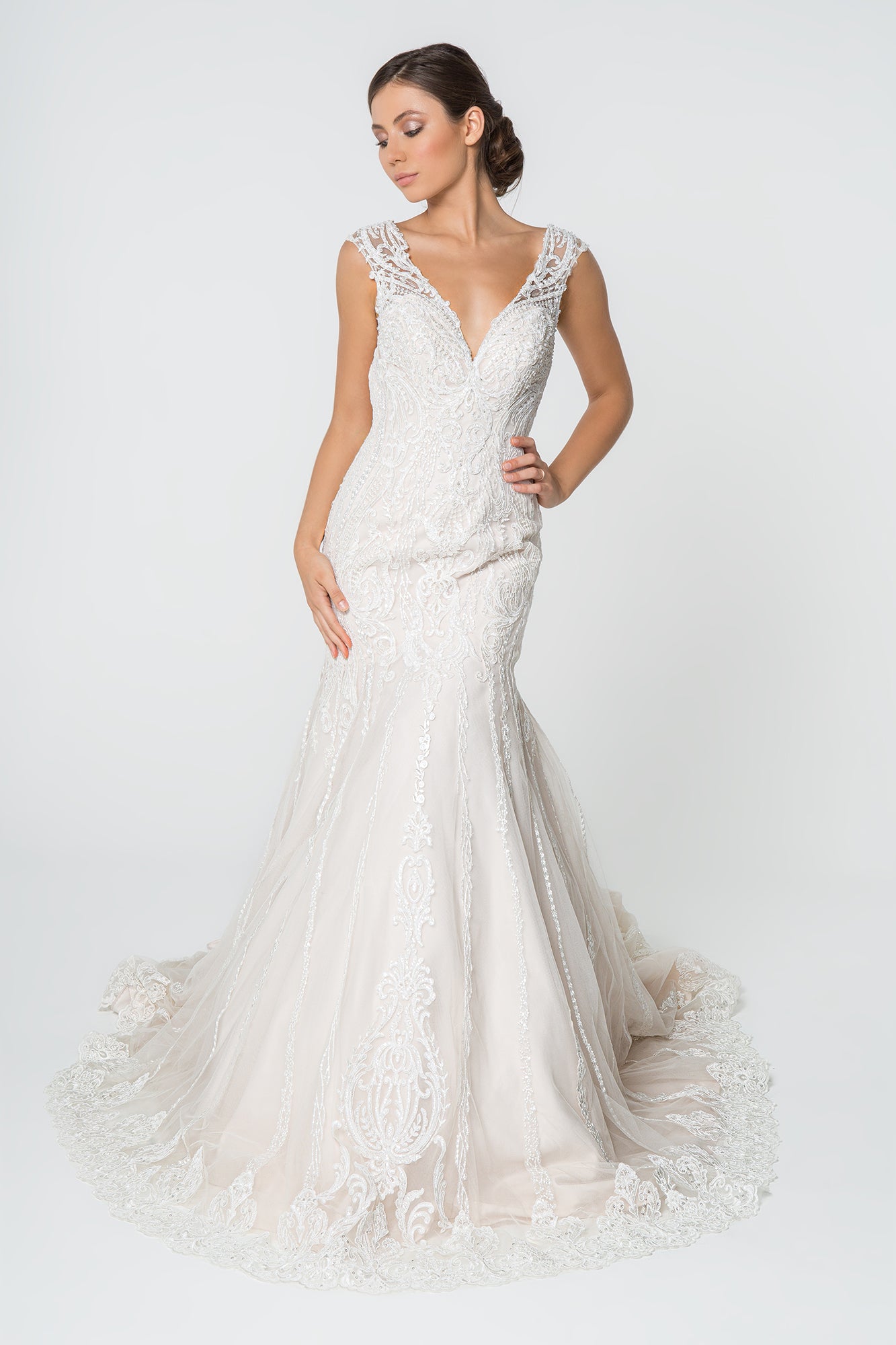 Lace Embellished Deep V-Neck Wedding Gown U-Back GLGL2821-WEDDING GOWNS-smcfashion.com