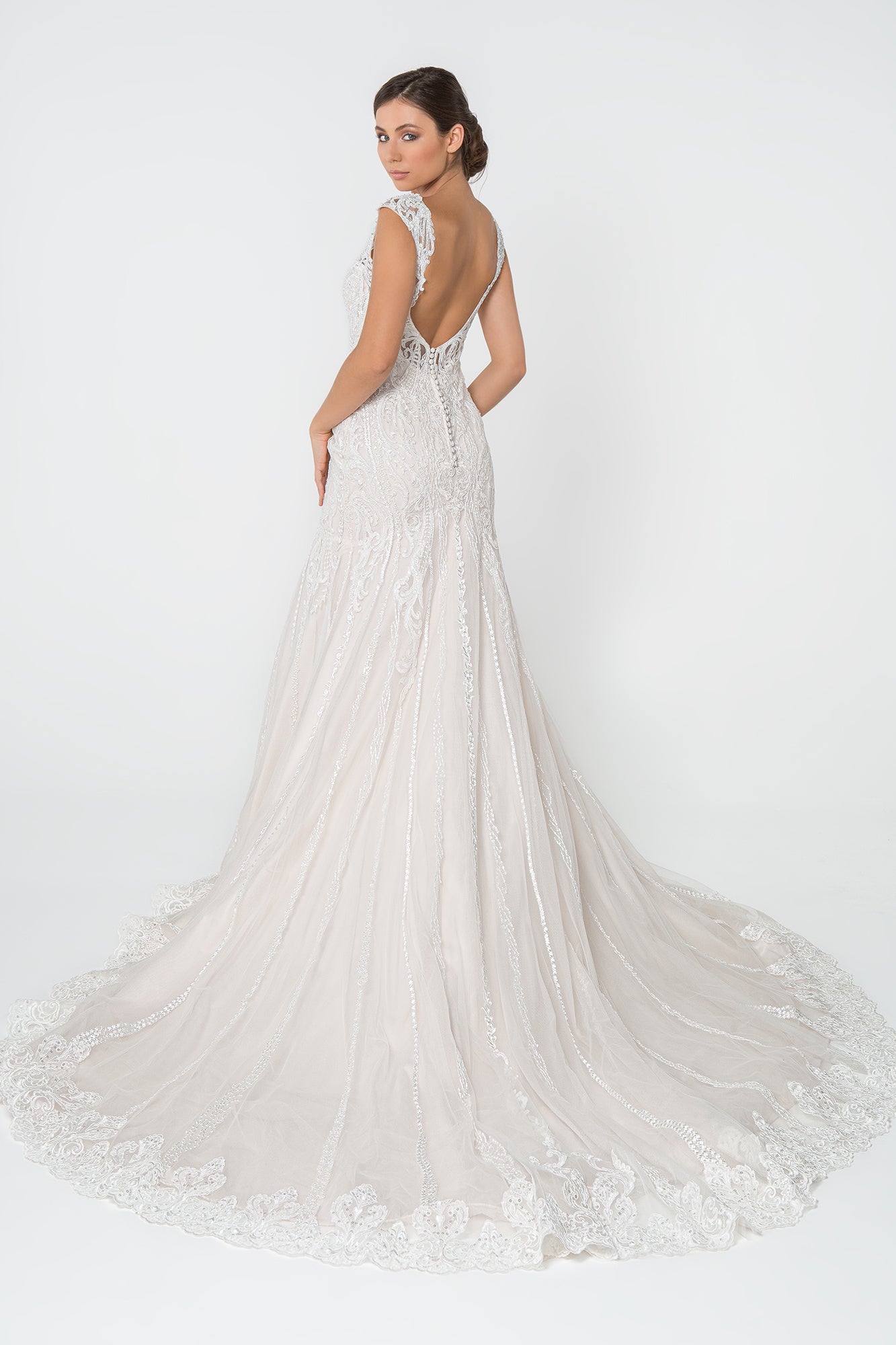 Lace Embellished Deep V-Neck Wedding Gown U-Back GLGL2821-WEDDING GOWNS-smcfashion.com