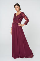 Lace Embellished V-Neck Chiffon Long Dress Mesh Sleeve GLGL2825-MOTHER OF BRIDE-smcfashion.com