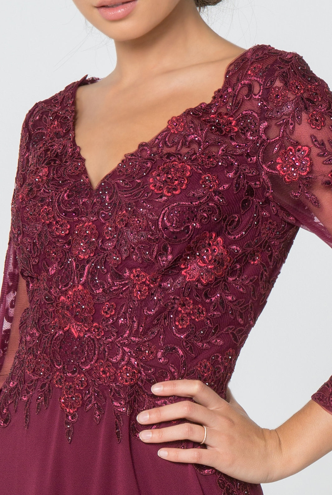 Lace Embellished V-Neck Chiffon Long Dress Mesh Sleeve GLGL2825-MOTHER OF BRIDE-smcfashion.com