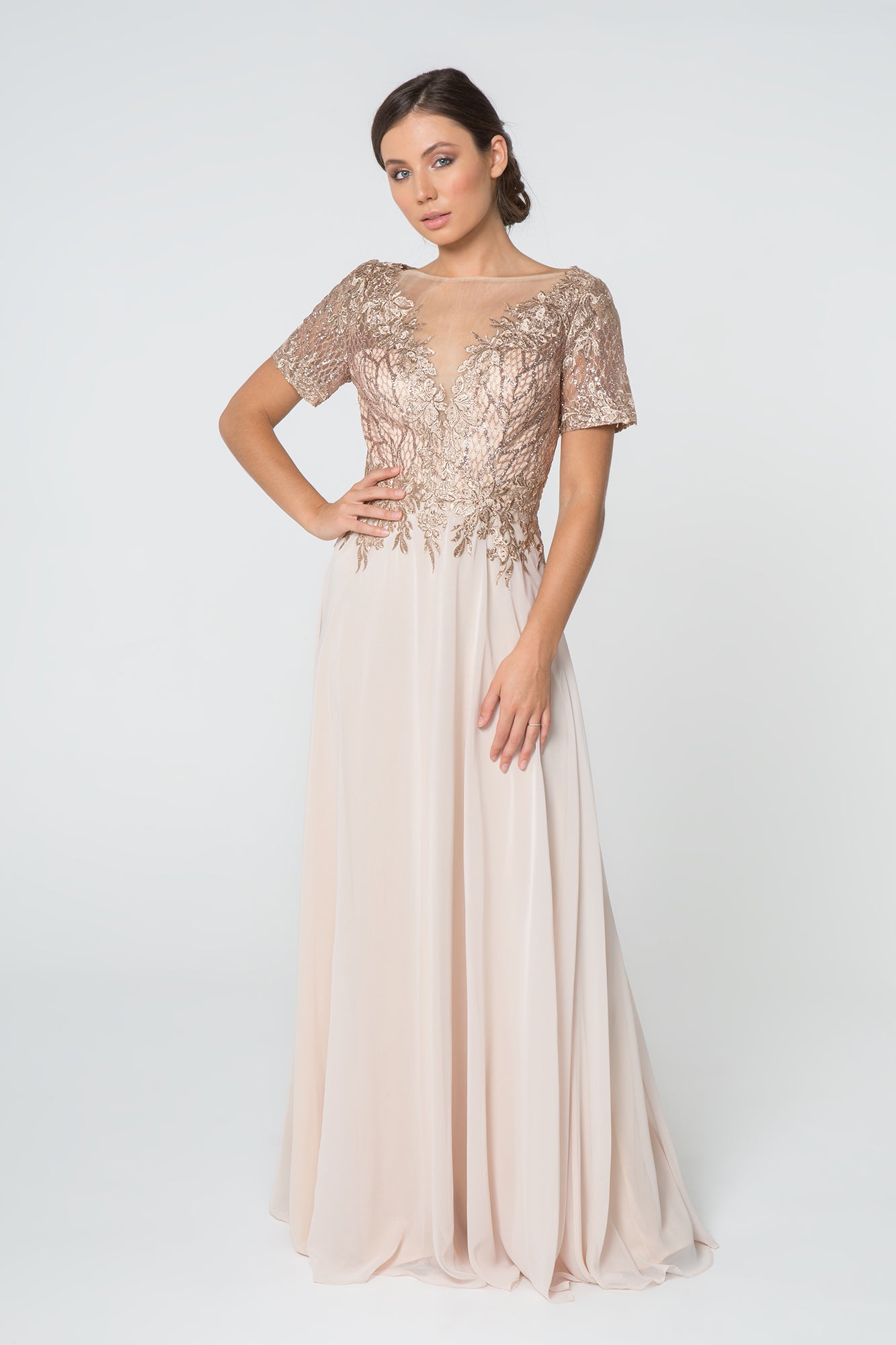 Lace Embellished Illusion V-Neck Long Dress GLGL2826-SPECIAL-smcfashion.com
