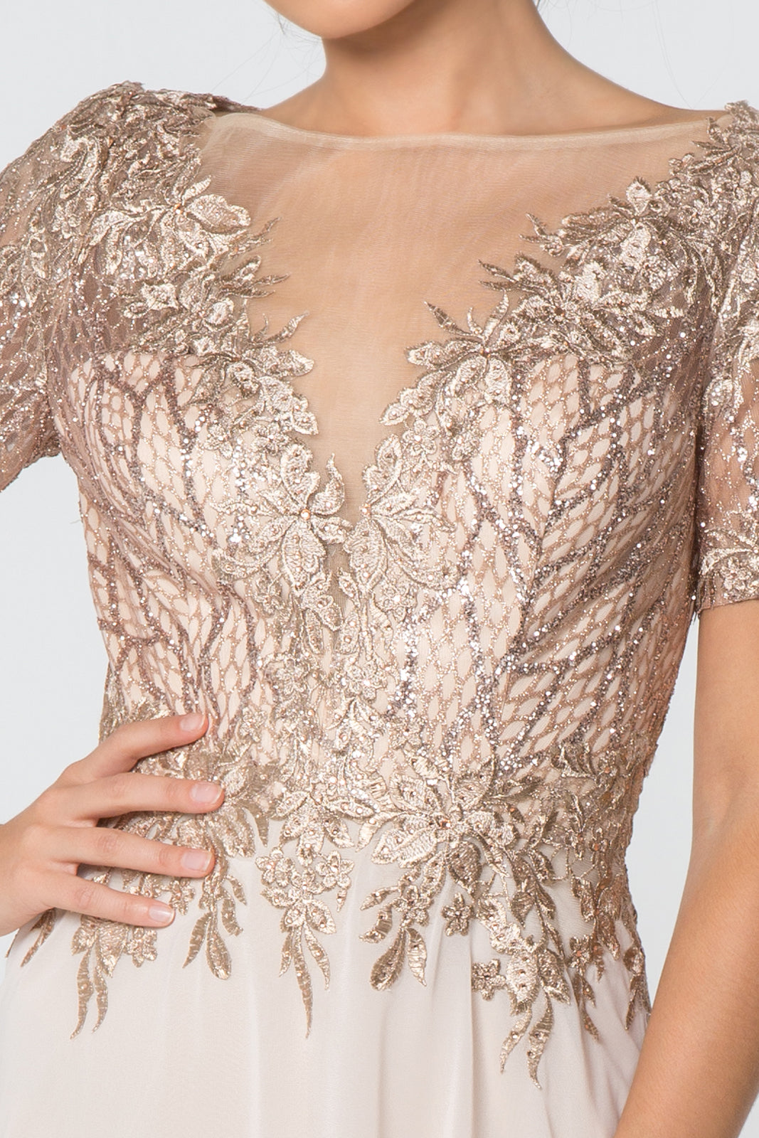 Lace Embellished Illusion V-Neck Long Dress GLGL2826-SPECIAL-smcfashion.com