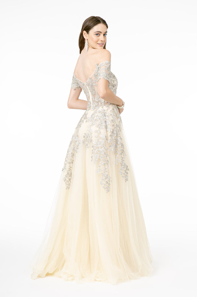 Embroidered Mesh A-Line Long Dress V-Back GLGL2885