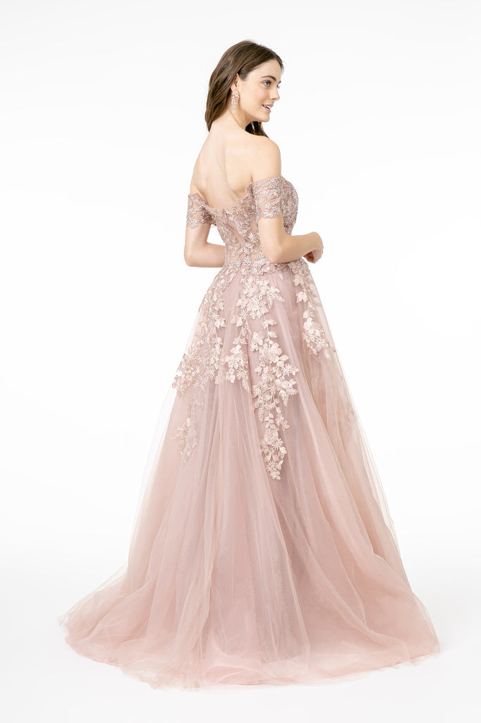 Embroidered Mesh A-Line Long Dress V-Back GLGL2885
