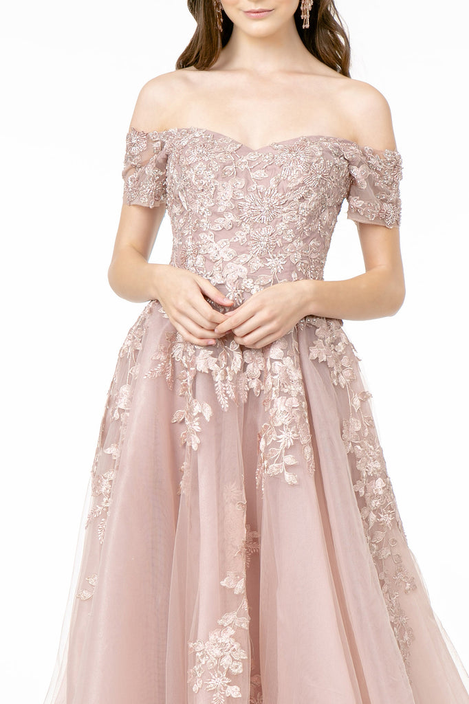Embroidered Mesh A-Line Long Dress V-Back GLGL2885