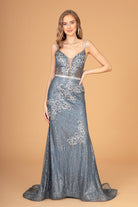 Floral Embroidery Glitter Mesh Mermaid Long Dress Jeweled Waist Band GLGL2889-PROM-smcfashion.com