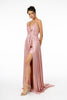 Pleated Bodice Metallic Lame Long Dress Leg Slit GLGL2927