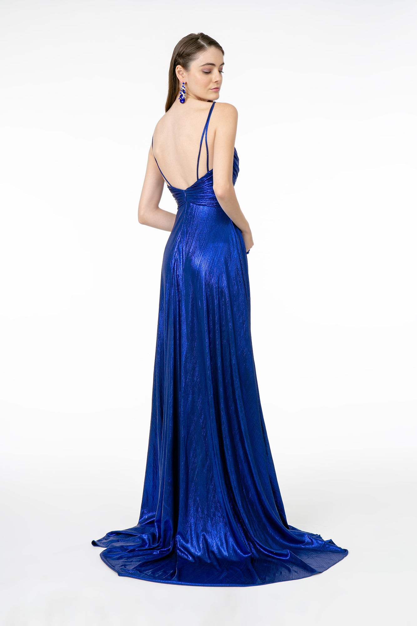 Pleated Bodice Metallic Lame w/ Leg Slit Long Prom Dress GLGL2927 smcfashion.com Pleated Bodice Metallic Lame w/ Leg Slit Long Prom Dress GLGL2927 smcfashion.com
