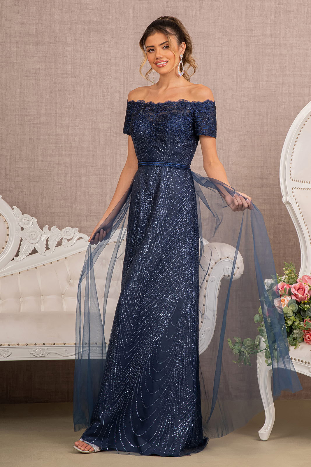 Glitter Print Mesh Cut-Away Shoulder A-Line Long Mother Of The Bride D smcfashion.com Glitter Print Mesh Cut-Away Shoulder A-Line Long Mother Of The Bride D smcfashion.com