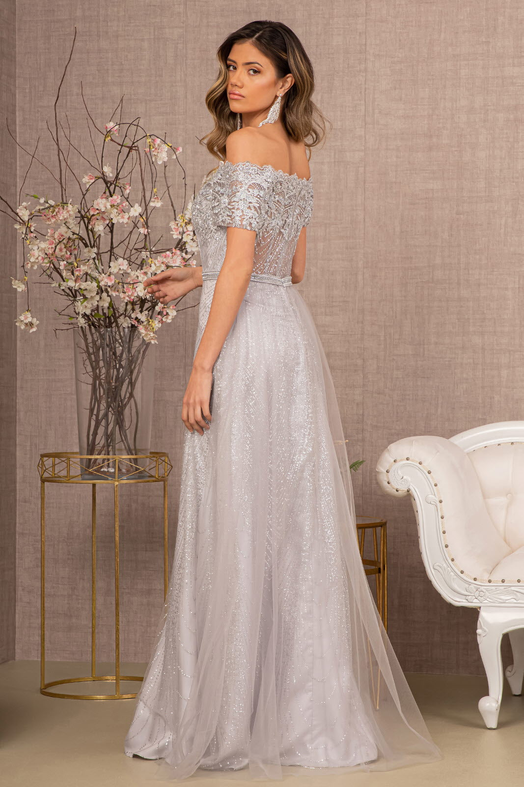 Glitter Print Mesh Cut-Away Shoulder A-Line Long Mother Of The Bride D smcfashion.com Glitter Print Mesh Cut-Away Shoulder A-Line Long Mother Of The Bride D smcfashion.com
