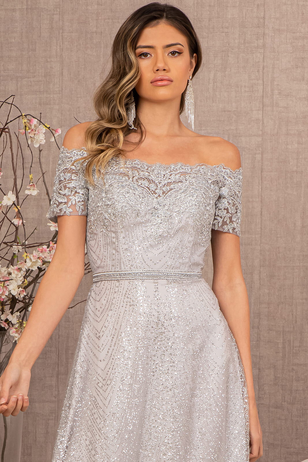 Glitter Print Mesh Cut-Away Shoulder A-Line Long Mother Of The Bride D smcfashion.com Glitter Print Mesh Cut-Away Shoulder A-Line Long Mother Of The Bride D smcfashion.com