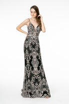 Jeweled Waist Band Accented Glitter Mesh Long Dress GLGL2990-PROM-smcfashion.com