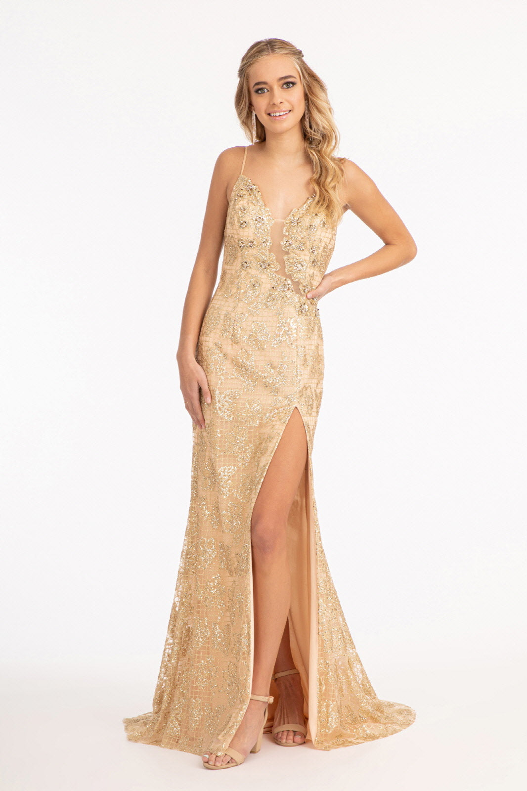 Glitter Embellished Mesh Mermaid Dress Jewel Embellishment and Detached Layer GLGL3004-PROM-smcfashion.com