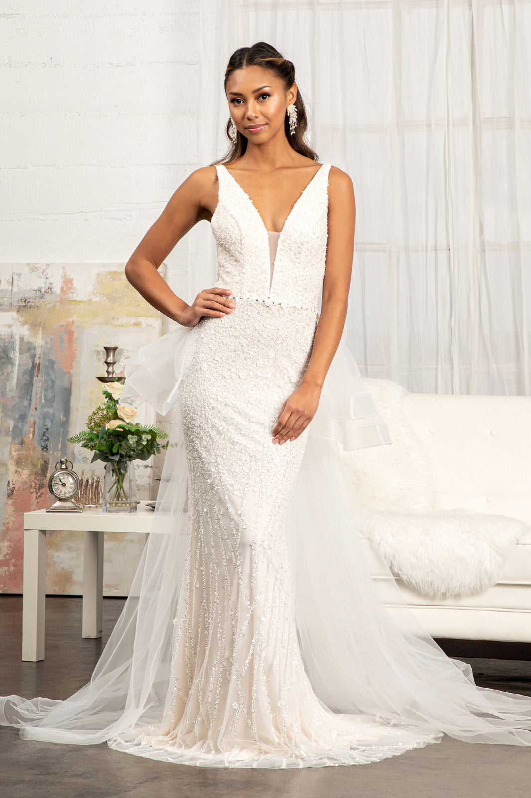 wedding dress mesh fabric Lace Wedding Dress with Sheer Overlay and V-Neckline #10046