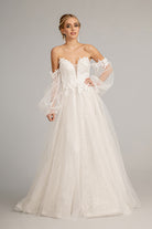 3D Flower Embellished Glitter Netting A-line Dress Detached Long Sleeves GLGL3015-PROM-smcfashion.com