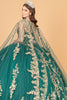 Jewel Embellished Tull Quinceanera Ball Gown Embroidered Mesh Cape GLGL3016