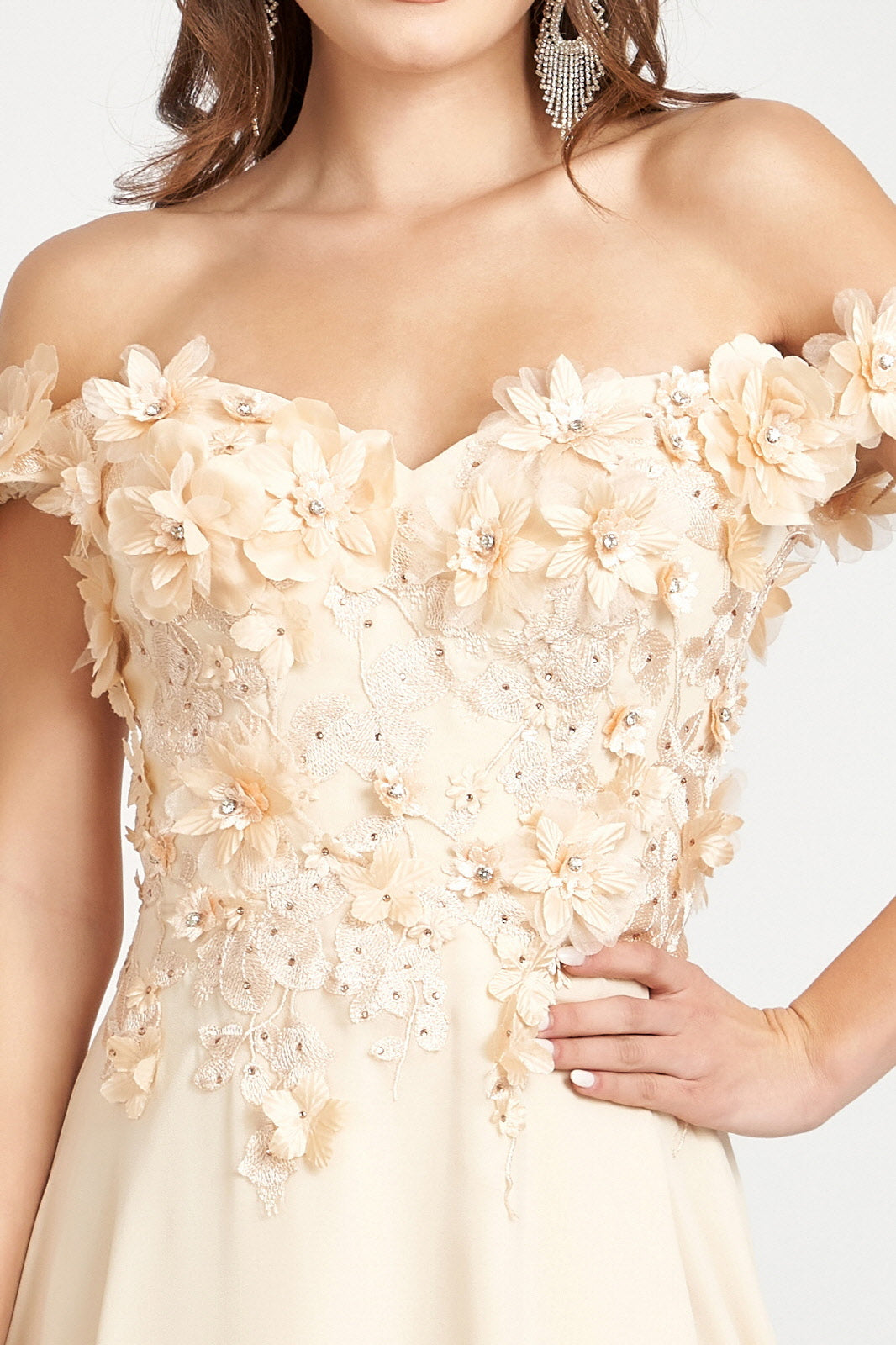Floral 3D Applique Embellished Bodice A-Line Chiffon... –