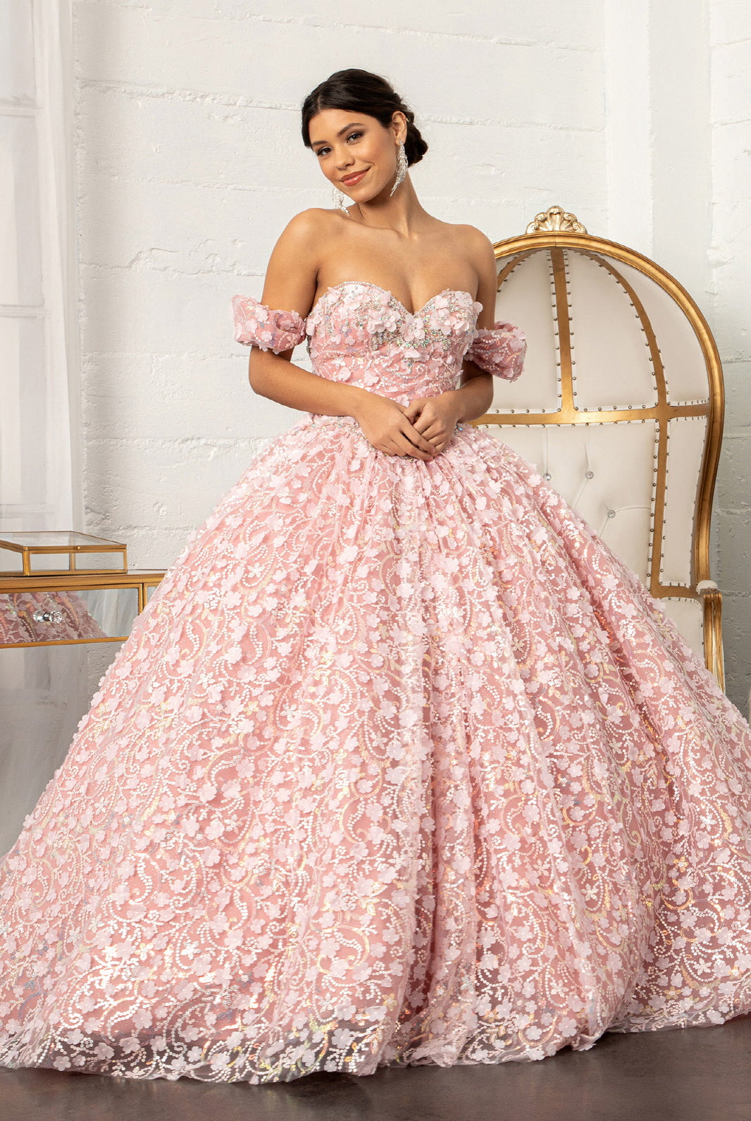 Jewel Embellished Mesh Quinceanera Ball Gown 3D Applique and Corset GLGL3019-QUINCEANERA-smcfashion.com