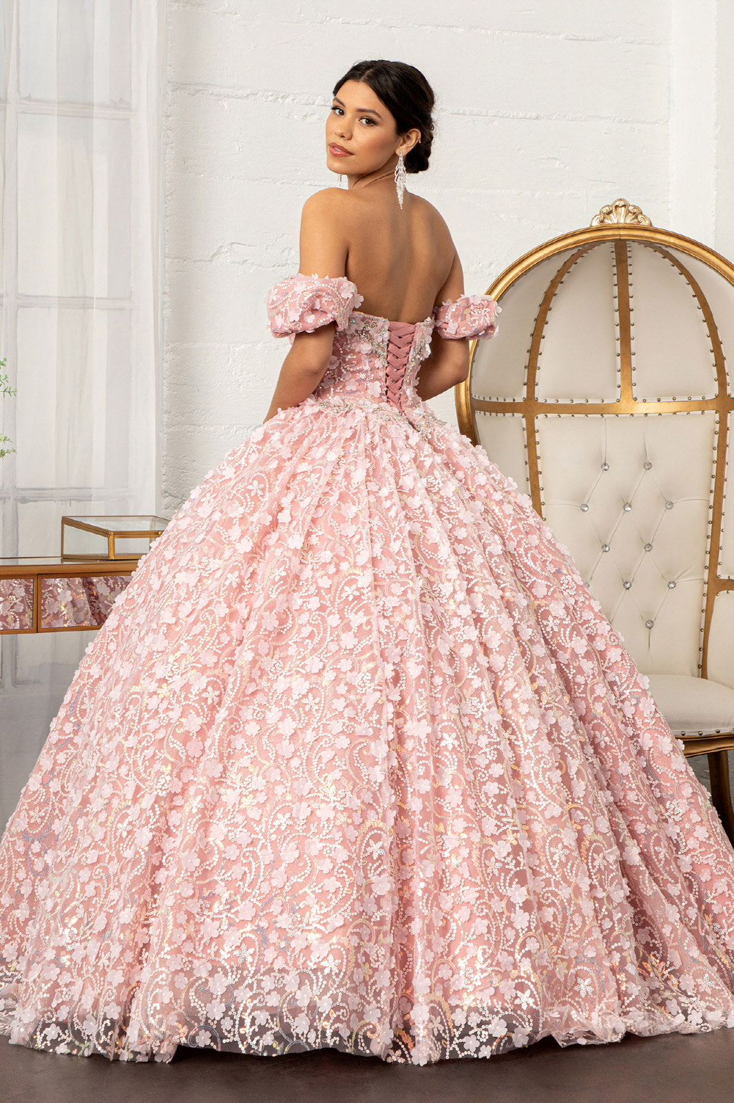 Jewel Embellished Mesh Quinceanera Ball Gown 3D Applique and Corset GLGL3019-QUINCEANERA-smcfashion.com