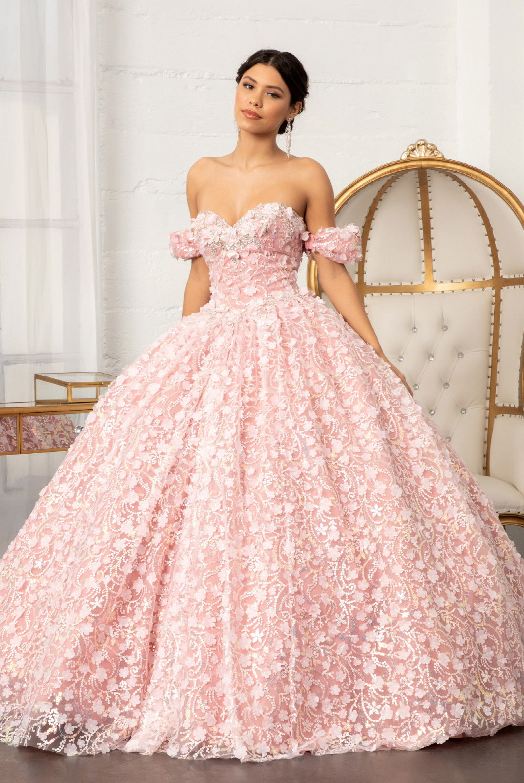 Jewel Embellished Mesh Quinceanera Ball Gown 3D Applique and Corset GLGL3019-QUINCEANERA-smcfashion.com