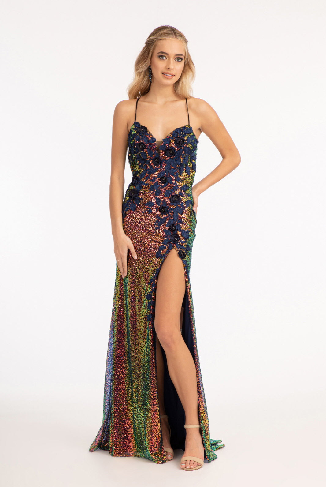 Full Iridescent Sequin Sweetheart Neckline Prom Dress Leg Slit GLGL3025-PROM-smcfashion.com