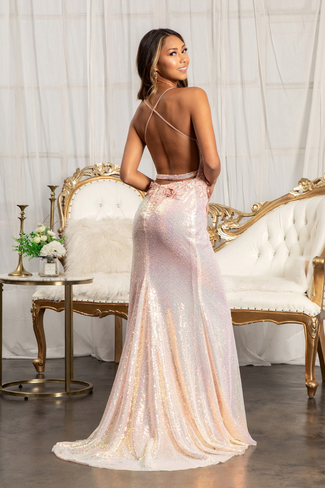 Gold Open Leg Prom Dresses