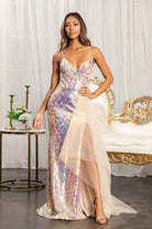 Full Iridescent Sequin Cut-Out Back Prom Dress Detachable Mesh Layer GLGL3026-PROM-smcfashion.com