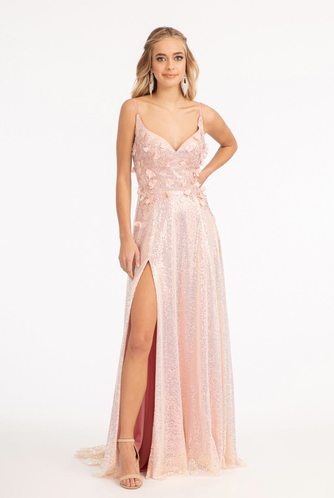 Full Iridescent Sequin V-Neck A-Line Prom Dress /w Leg Slit GLGL3027-PROM-smcfashion.com