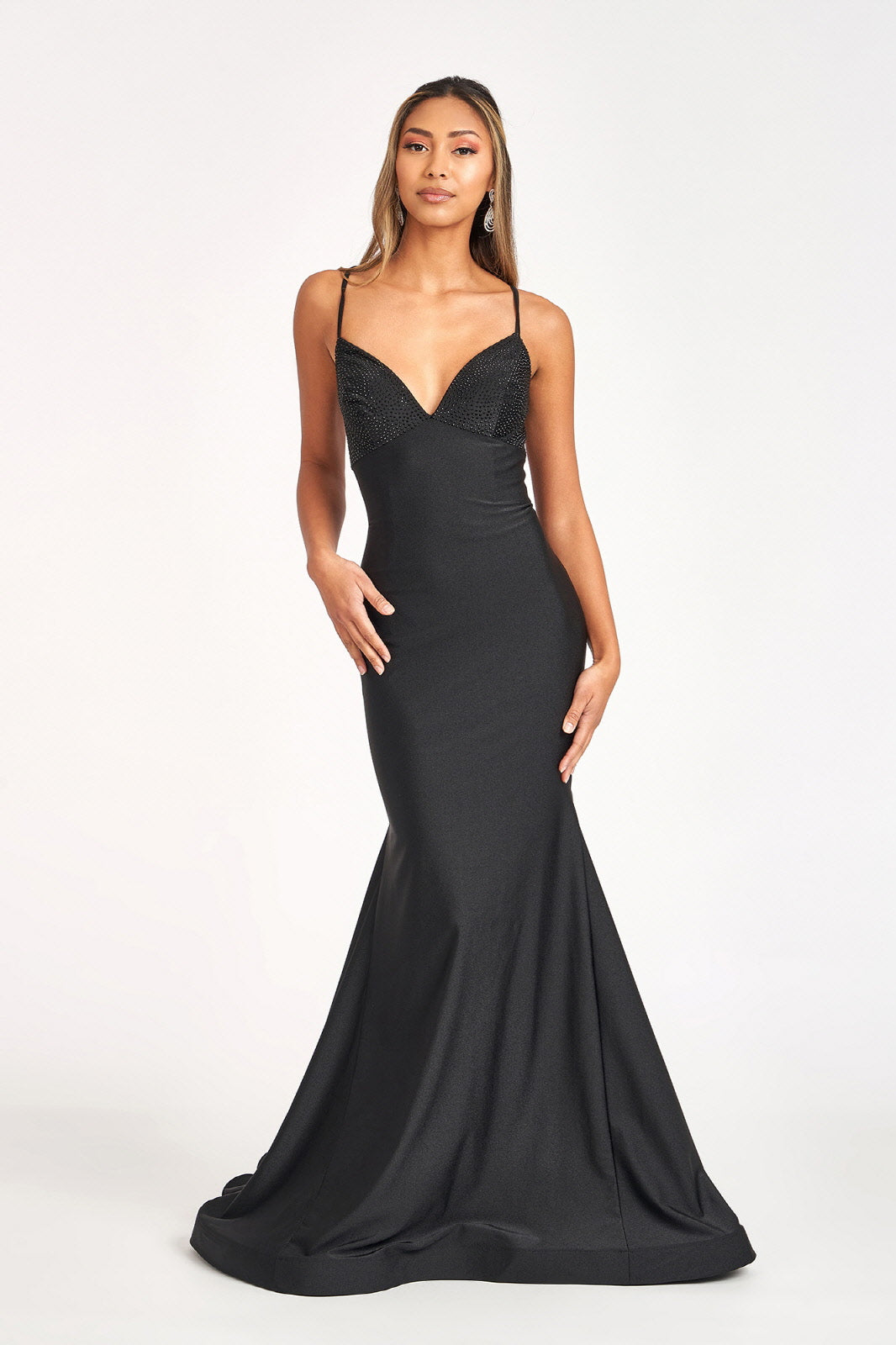 Beads Embellished Jersey Mermaid Dress Strap Lace-up Back GLGL3035-PROM-smcfashion.com