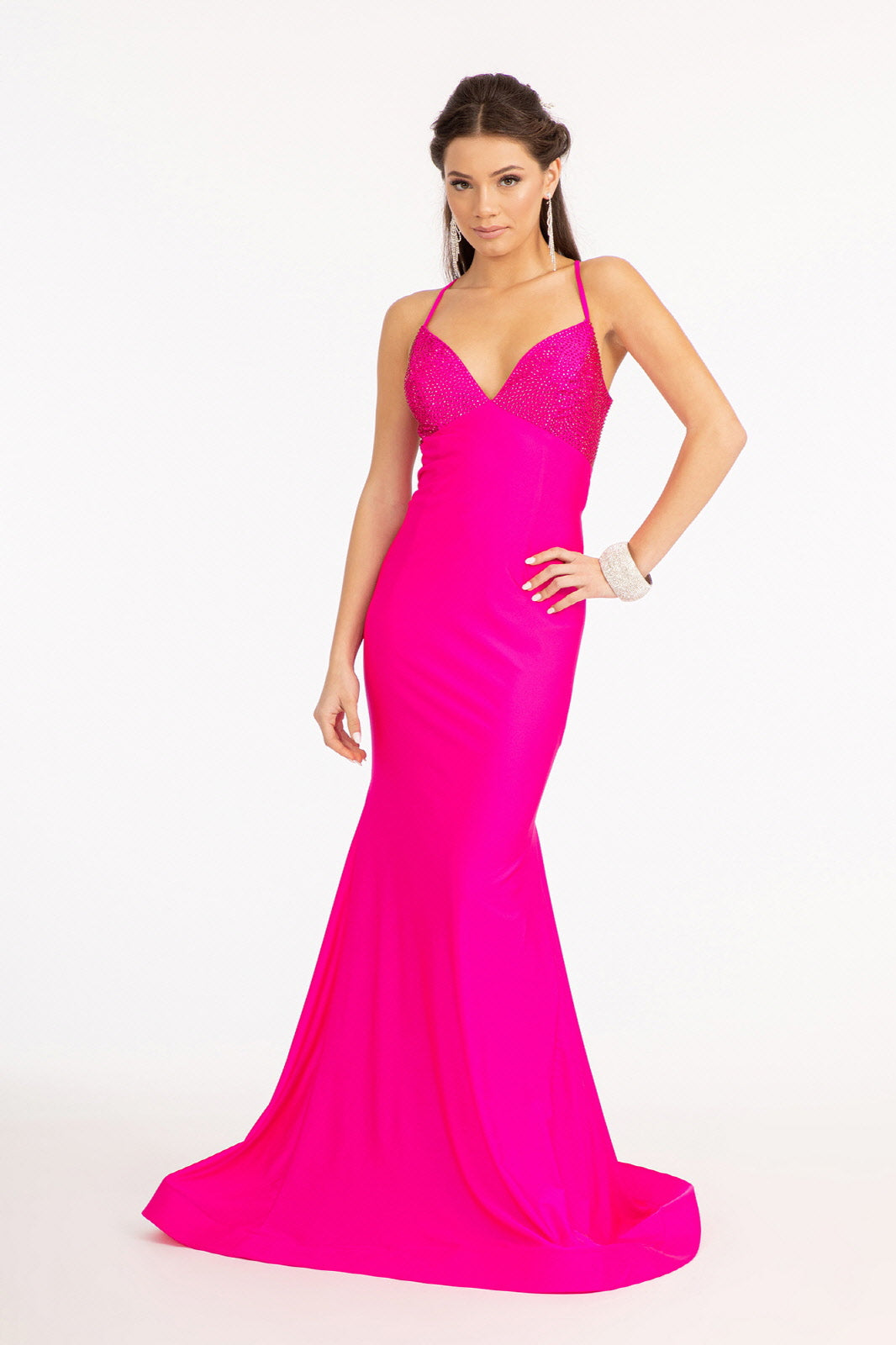 Beads Embellished Jersey Mermaid Dress Strap Lace-up Back GLGL3035-PROM-smcfashion.com
