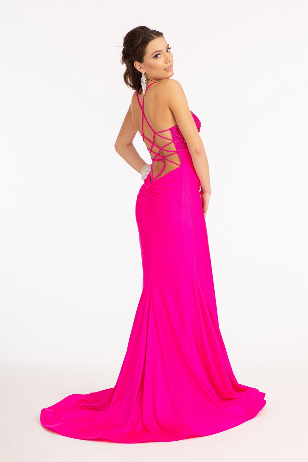 Beads Embellished Jersey Mermaid Dress Strap Lace-up Back GLGL3035-PROM-smcfashion.com