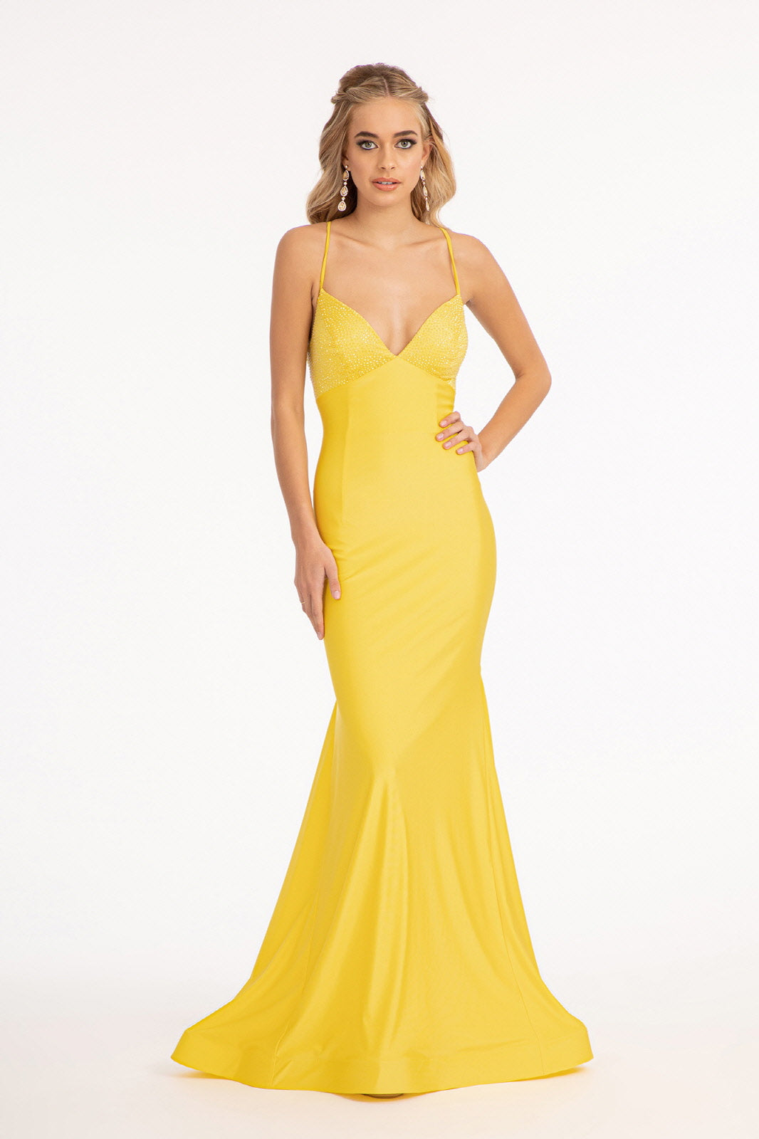 Beads Embellished Jersey Mermaid Dress Strap Lace-up Back GLGL3035-PROM-smcfashion.com