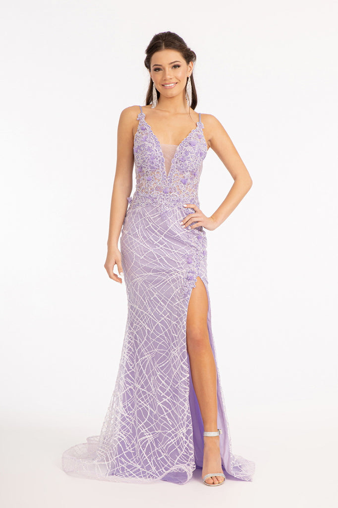 3-D Flower Glitter Embellished Mermaid Dress Sheer Sides GLGL3042