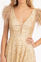Feather-Shoulder Embellished A-line Dress Open V-back GLGL3046-PROM-smcfashion.com