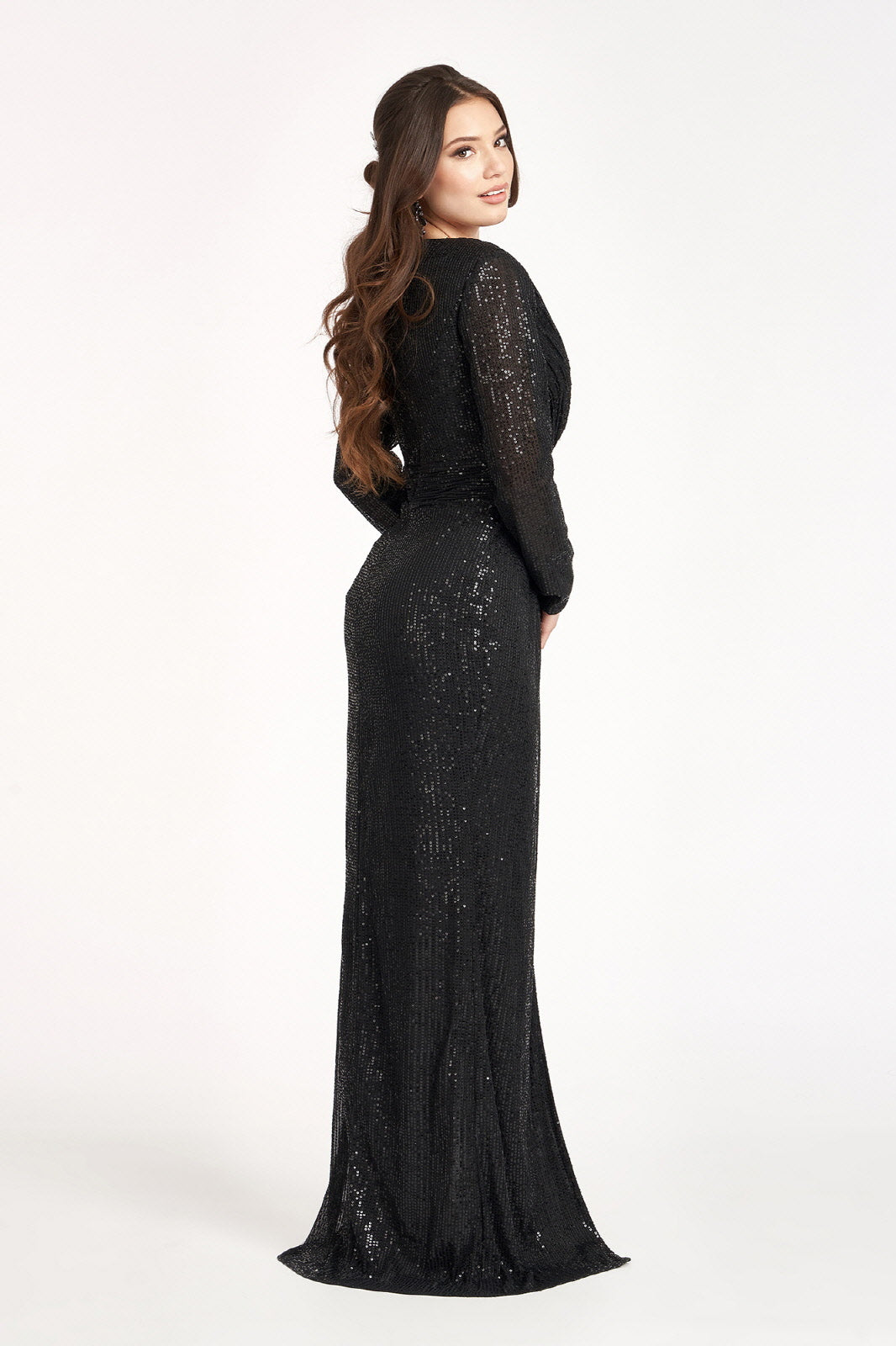 Gathered Waist Sequin Embellished Mermaid Dress Long Sleeves GLGL3063-PROM-smcfashion.com