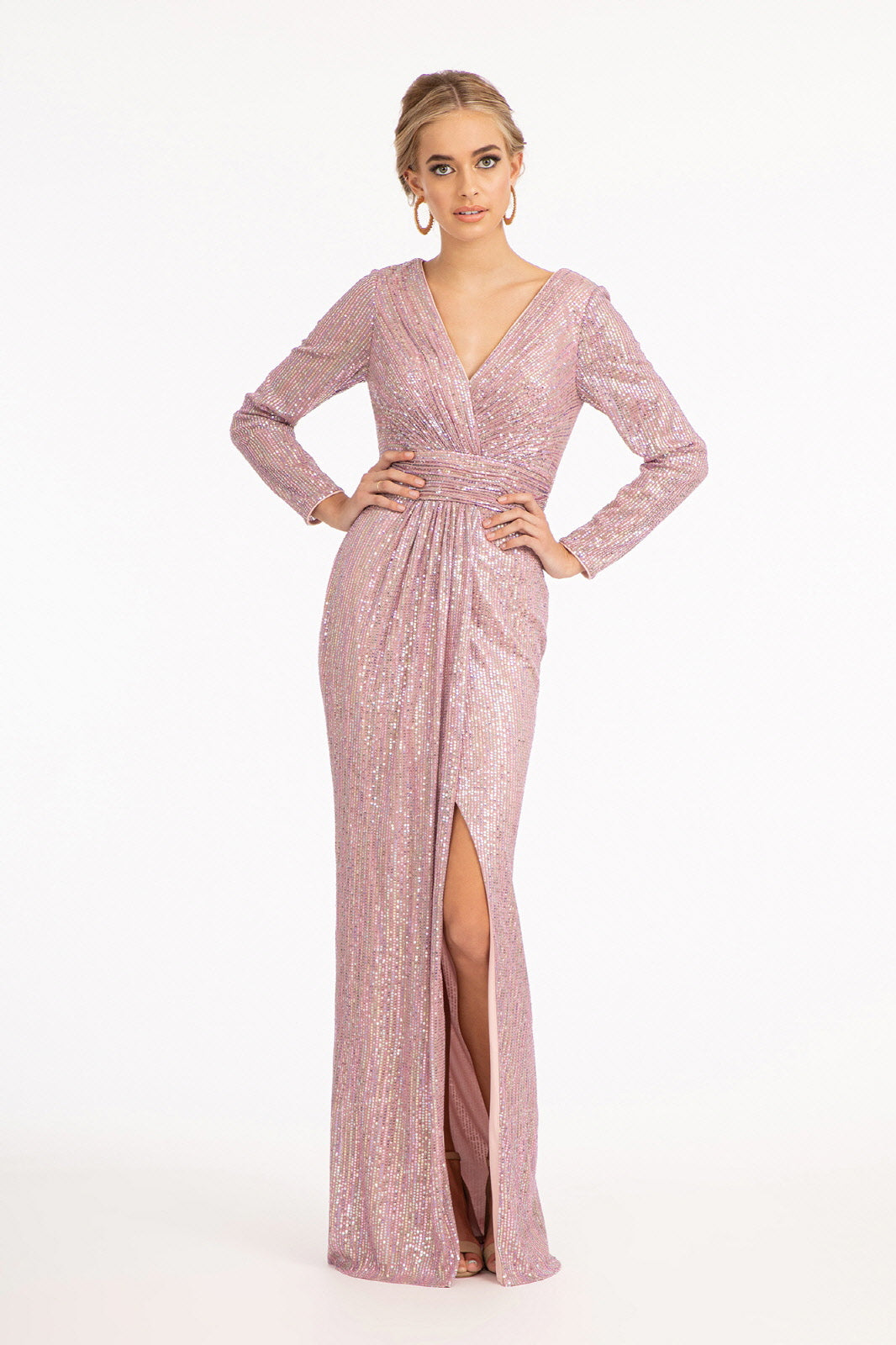 Gathered Waist Sequin Embellished Mermaid Dress Long Sleeves GLGL3063-PROM-smcfashion.com