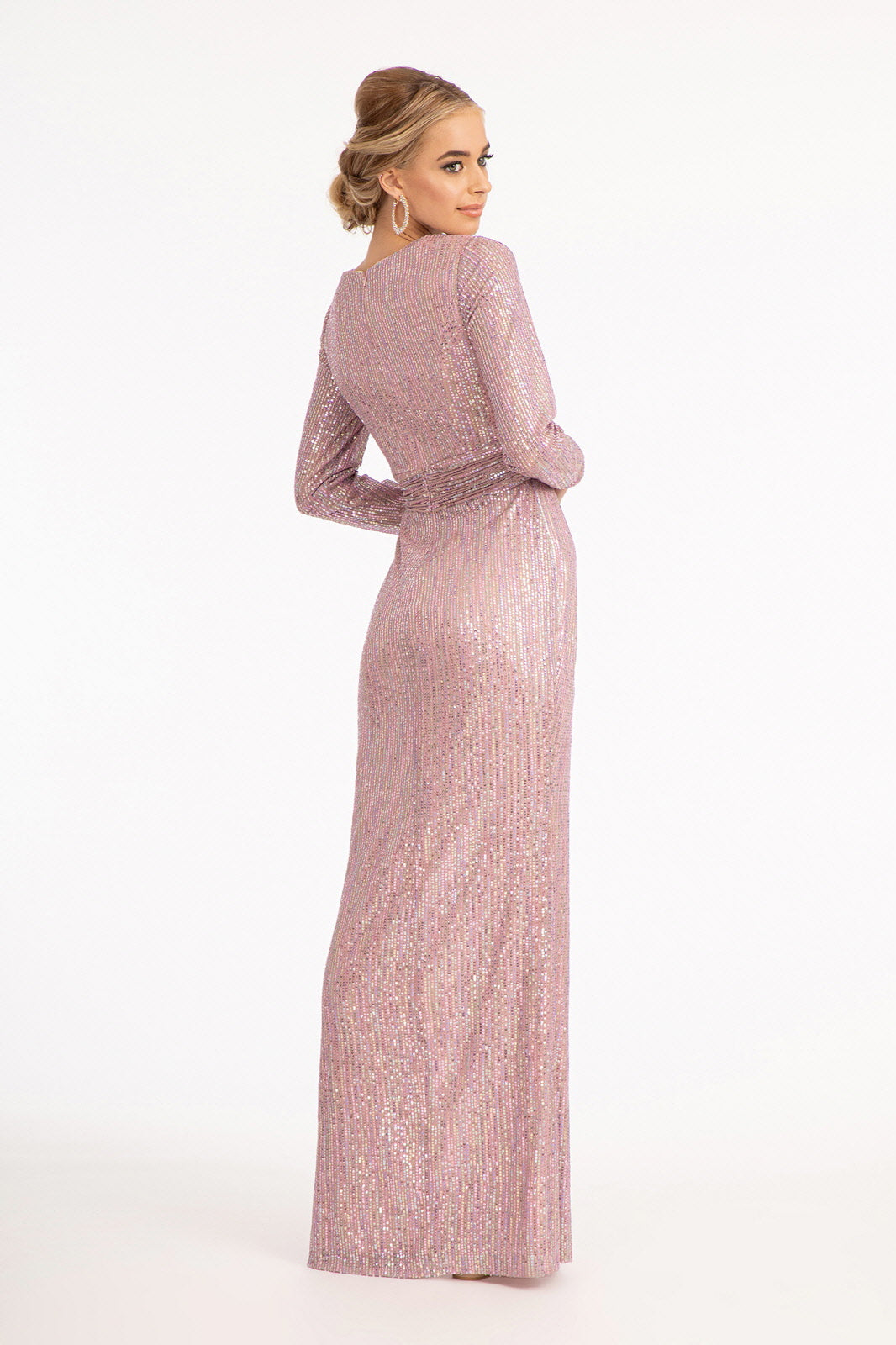 Gathered Waist Sequin Embellished Mermaid Dress Long Sleeves GLGL3063-PROM-smcfashion.com