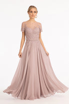 Embroidered Chiffon A-line Dress Short Sleeves and Waistband GLGL3067-MOTHER OF BRIDE-smcfashion.com