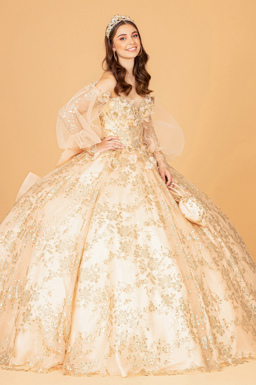Mesh Long Sleeves Quinceanera Dress Detachable Ribbon and Mini Bag GLGL3071-QUINCEANERA-smcfashion.com
