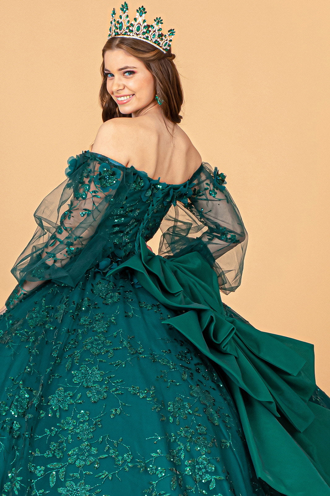 Mesh Long Sleeves w Detachable Ribbon and Mini Bag Quinceanera