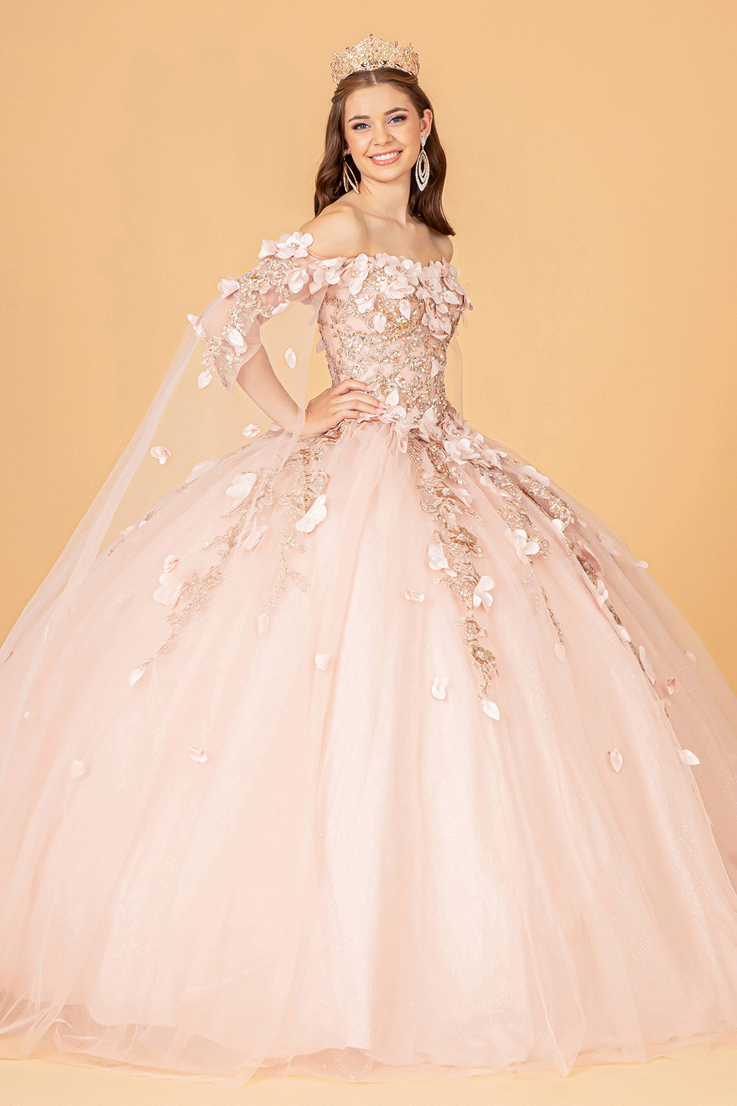 Off Shoulder Mesh Quinceanera Gown Shoulder Side Mesh Drapes GLGL3075-QUINCEANERA-smcfashion.com