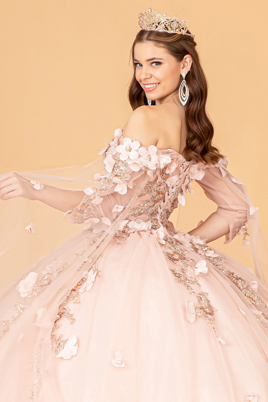 Off Shoulder Mesh Quinceanera Gown Shoulder Side Mesh Drapes GLGL3075-QUINCEANERA-smcfashion.com