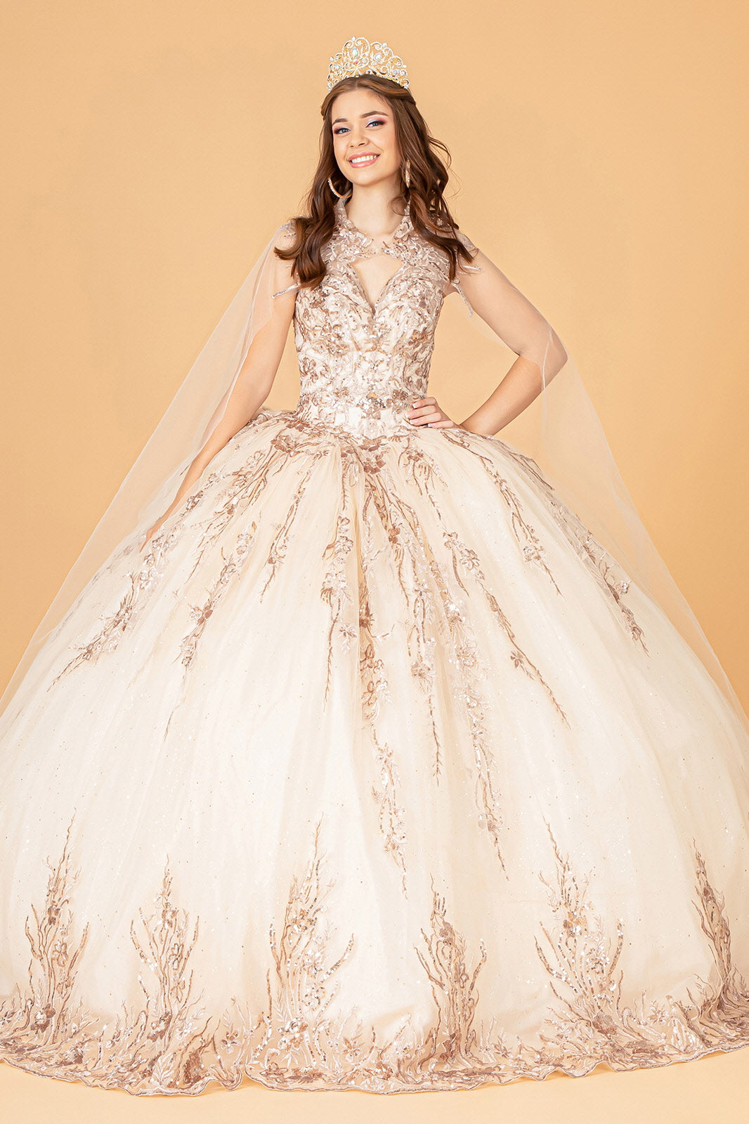 Sequins Embellished Long Quinceanera Gown w/ Detachable Cape GLGL3076 smcfashion.com Sequins Embellished Long Quinceanera Gown w/ Detachable Cape GLGL3076 smcfashion.com